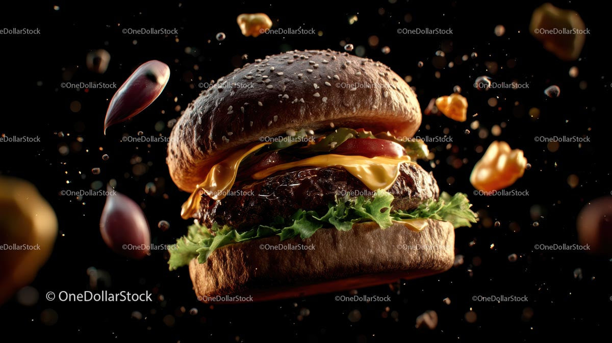 Rozpływający się w ustach burger gourmet z latającymi składnikami