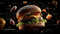 Mouth-Watering Gourmet Burger with Flying Ingredients