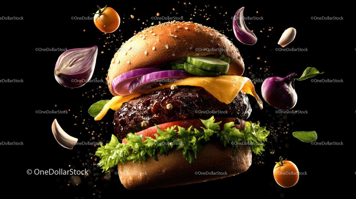 Gourmet Burger ze świeżymi składnikami na czarnym tle