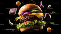 Gourmet Burger with Fresh Ingredients on Black Background