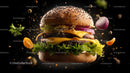 Gourmet Cheeseburger with Floating Fresh Ingredients