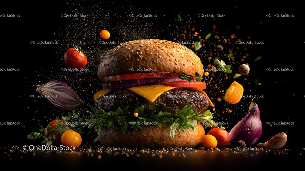 Dynamiczny burger gourmet z eksplodującymi świeżymi składnikami