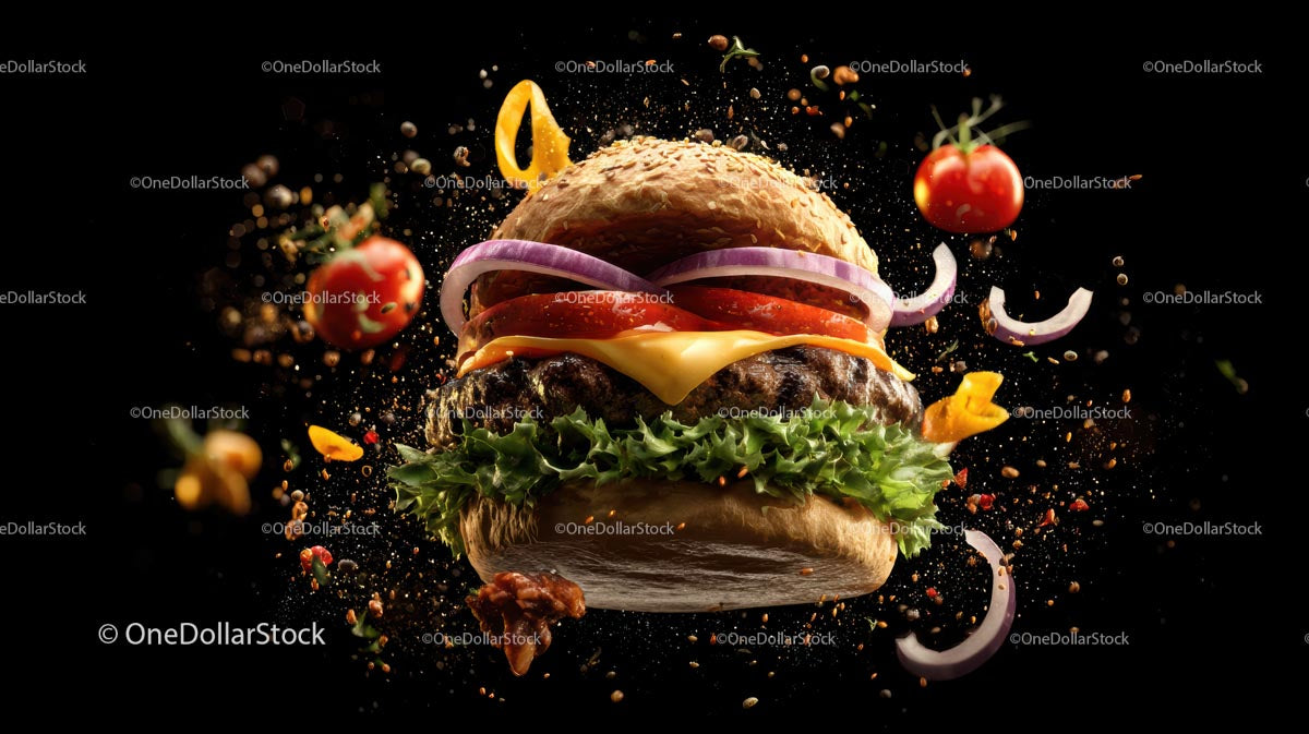 Gourmet Burger ze świeżymi składnikami na czarnym tle