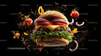 Gourmet Burger with Fresh Ingredients on Black Background