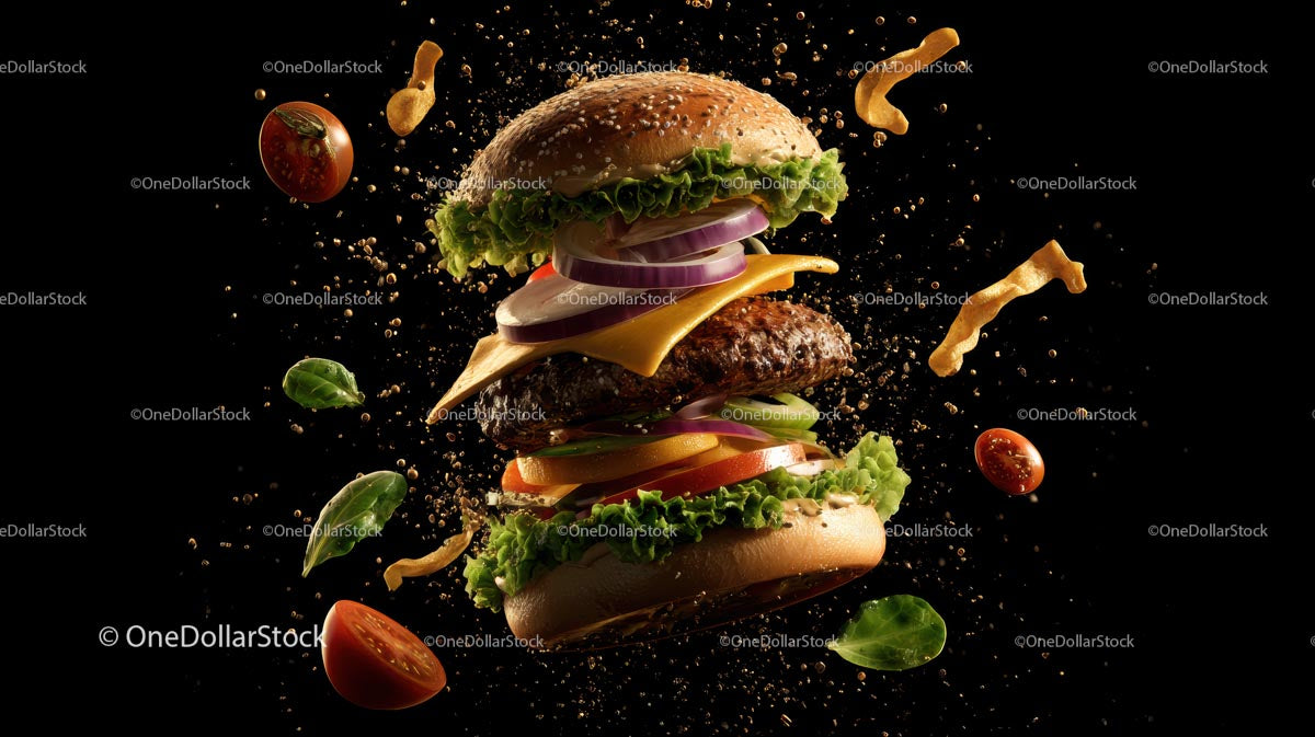 Floating Gourmet Burger with Fresh Ingredients