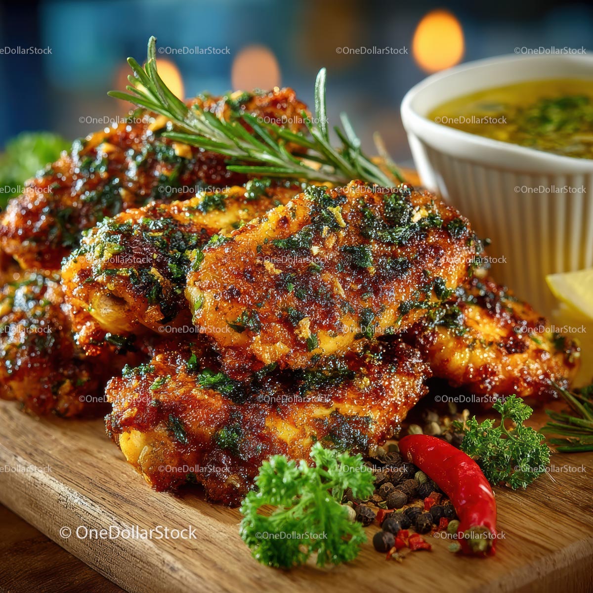 Spicy Grilled Chicken with Herbs and Lemon Wedge