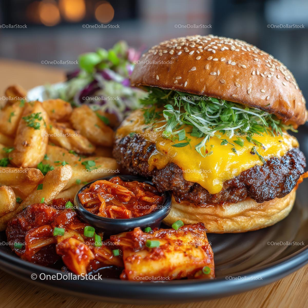 Gourmet Cheeseburger with Fries and Kimchi