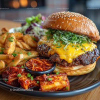 Gourmet Cheeseburger with Fries and Kimchi
