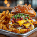 Gourmet Cheeseburger with Fries on Metal Tray