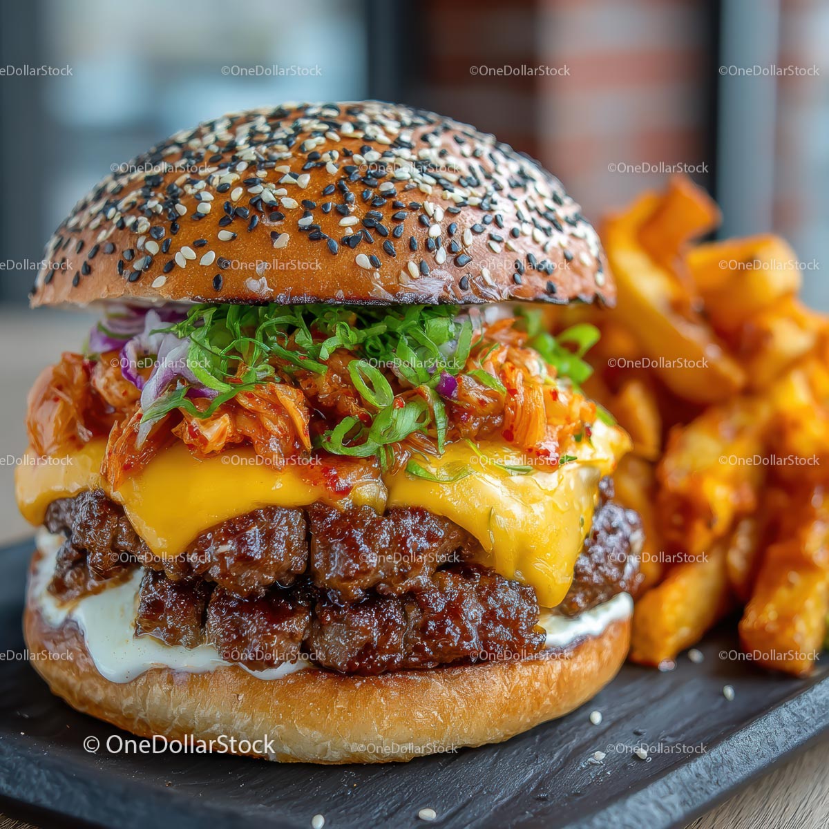 Wykwintny cheeseburger z kimchi i frytkami