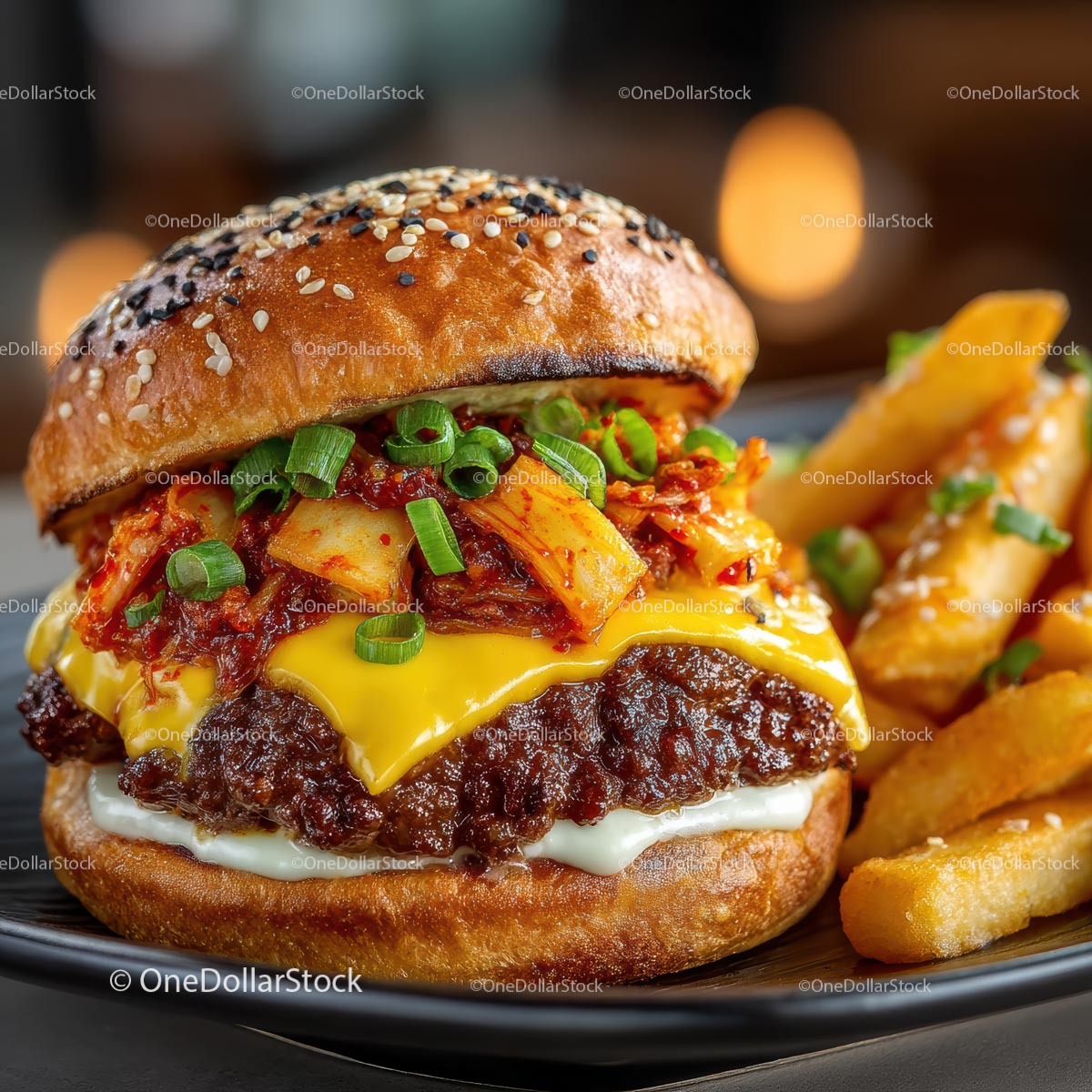 Gourmet Kimchi Burger with Crispy Fries