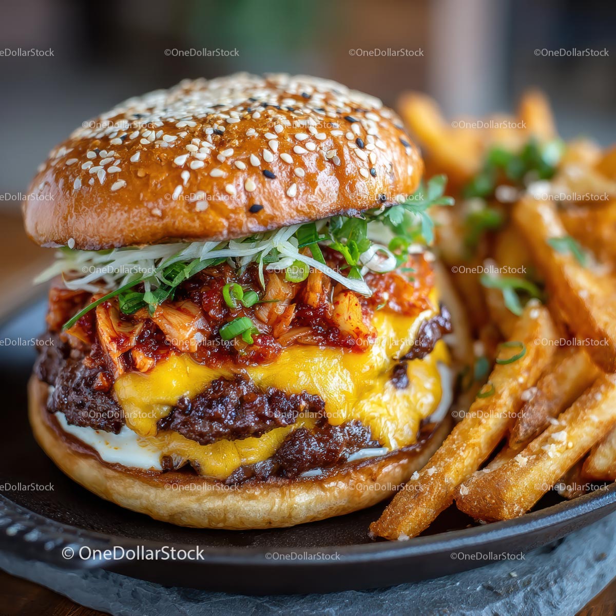 Gourmet Cheeseburger with Kimchi and Crispy Fries