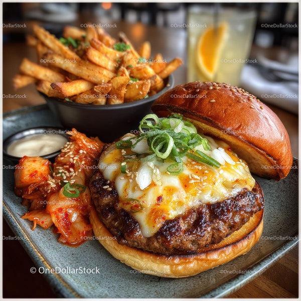 Gourmetowy Cheeseburger z Frytkami i Pikantnym Kimchi