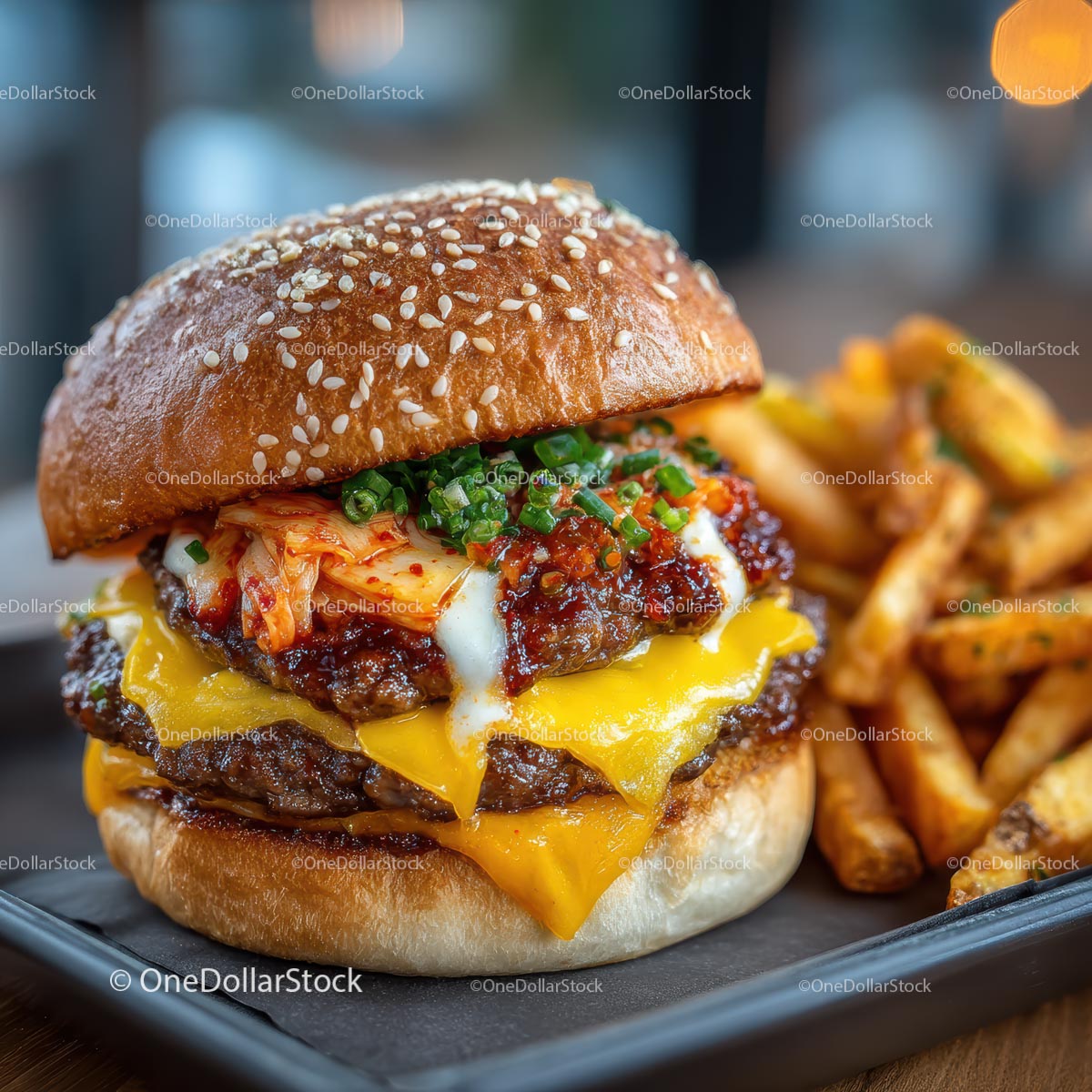 Wykwintny cheeseburger z kimchi i frytkami