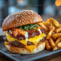 Gourmet Cheeseburger with Kimchi and Fries