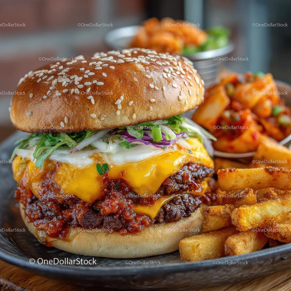 Soczysty Cheeseburger z Chrupiącymi Frytkami i Świeżymi Dodatkami