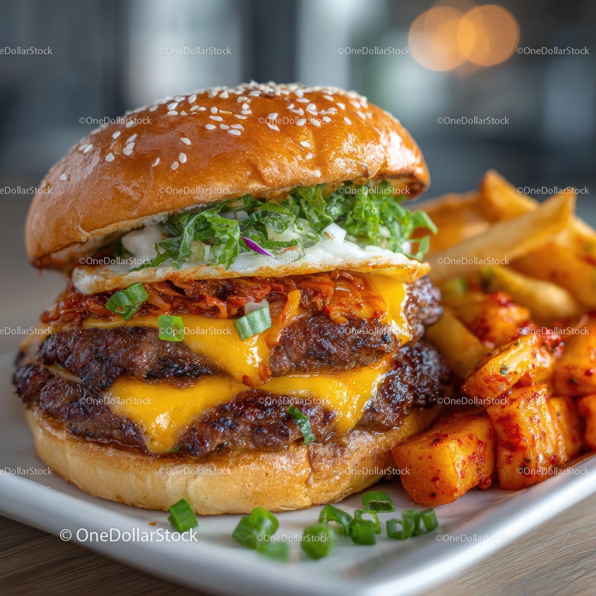 Pyszny podwójny cheeseburger z chrupiącymi frytkami