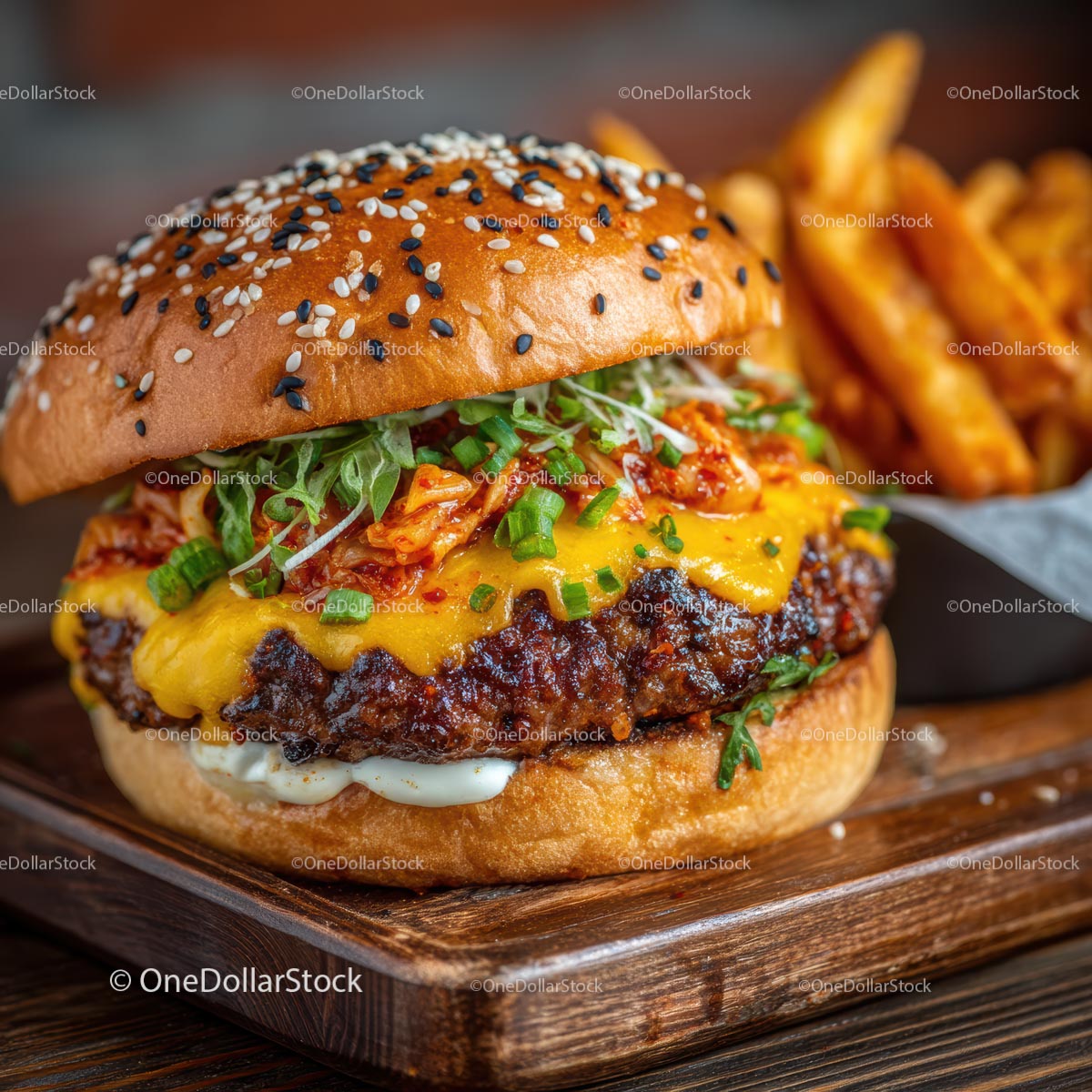 Cheeseburger Gourmet z frytkami na drewnianej tacy