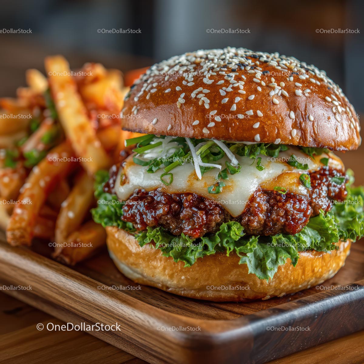 Gourmet Cheeseburger with Crispy Fries on Wooden Platter