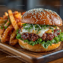 Gourmet Cheeseburger with Crispy Fries on Wooden Platter