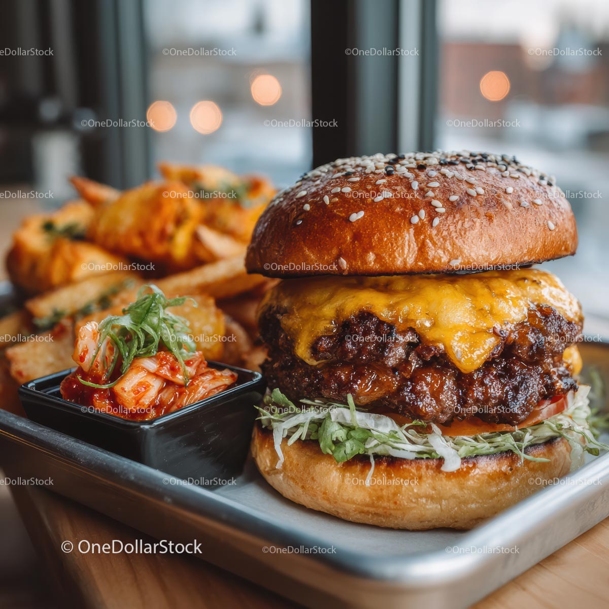 Gourmet Cheeseburger with Fries and Kimchi Side
