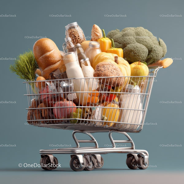 Wózek na zakupy pełen świeżych produktów i niezbędnych artykułów