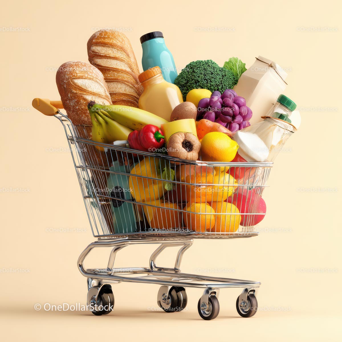 Assorted Fresh Groceries in a Shopping Cart