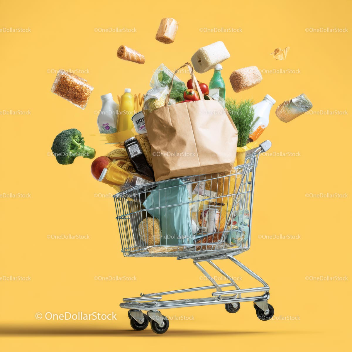 Overflowing Shopping Cart with Groceries on Yellow Background