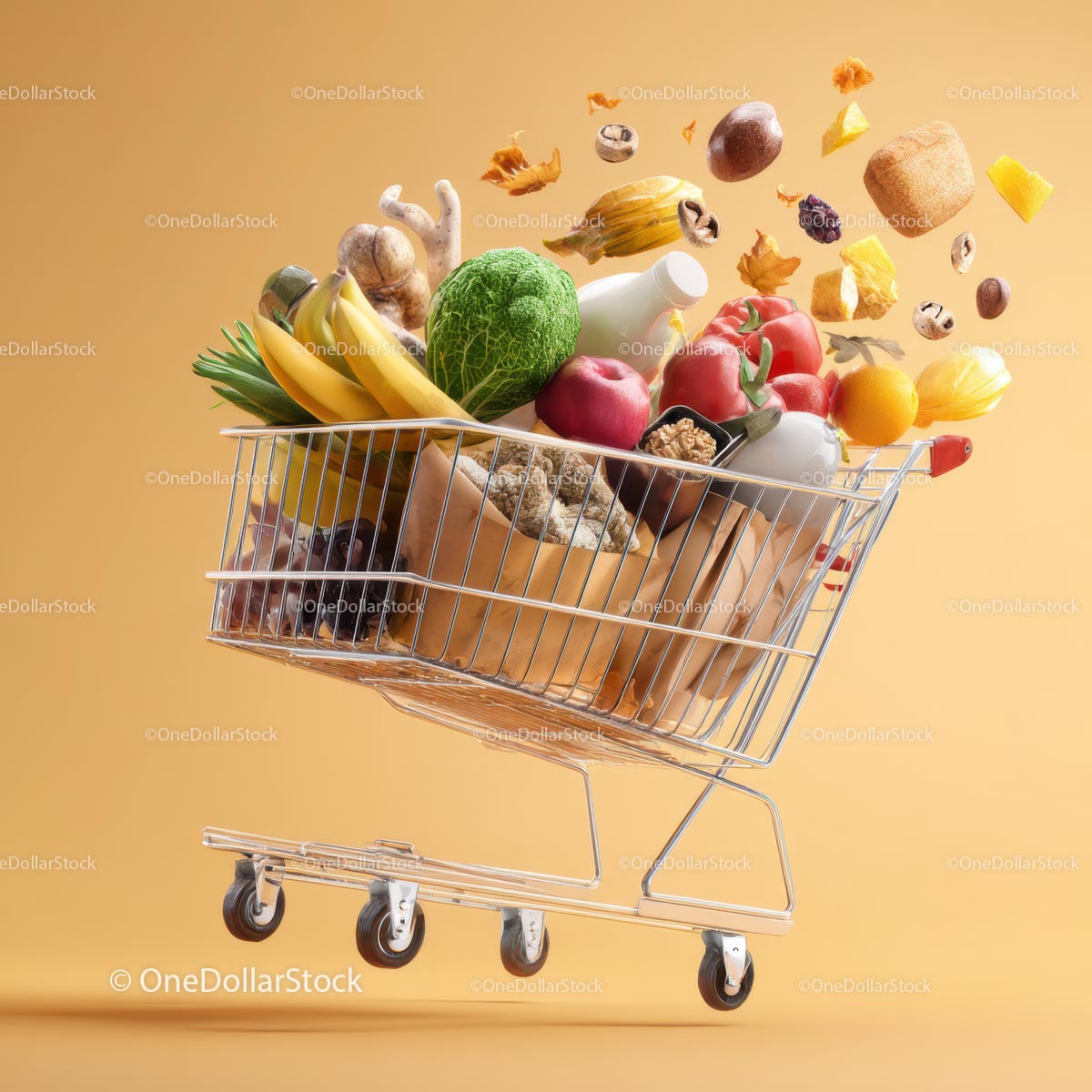 Tętniący życiem wózek sklepowy pełen świeżych produktów