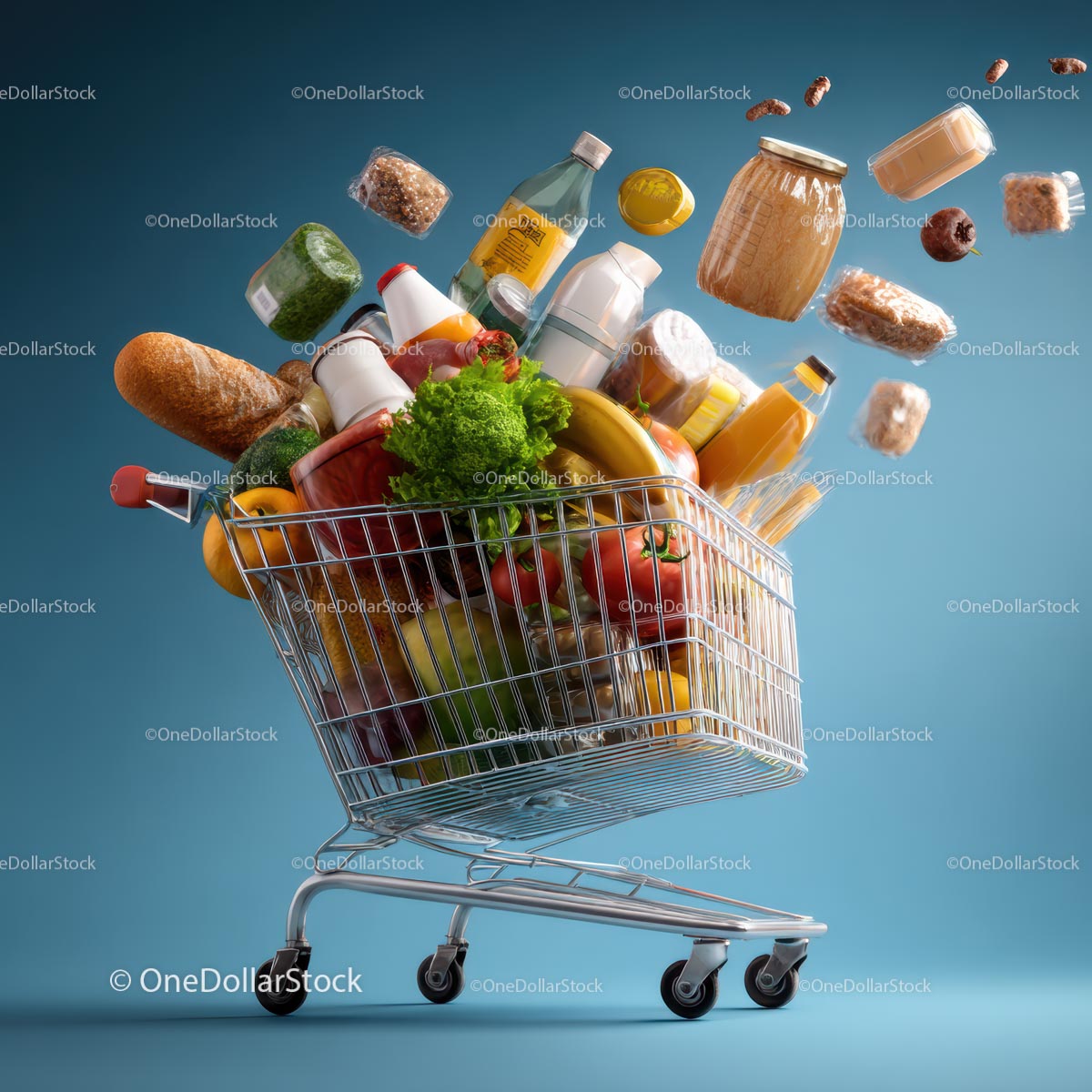 Overflowing Shopping Cart with Fresh Produce and Groceries