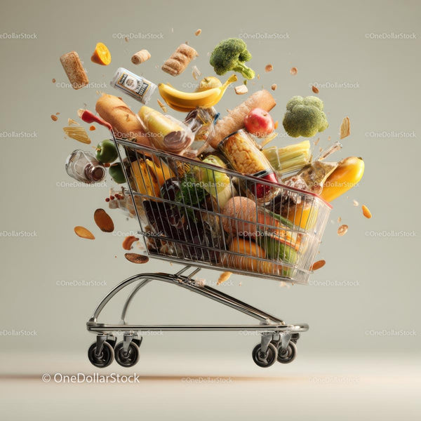 Przepełniony wózek zakupowy ze świeżymi produktami spożywczymi