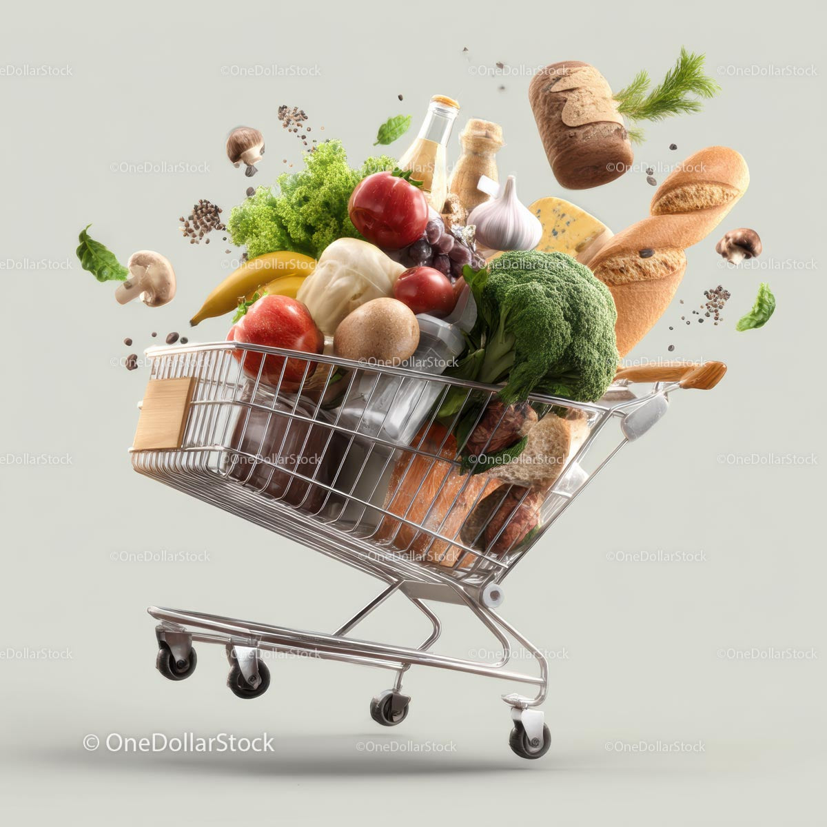 Obfity wózek zakupowy ze świeżymi produktami spożywczymi i warzywami