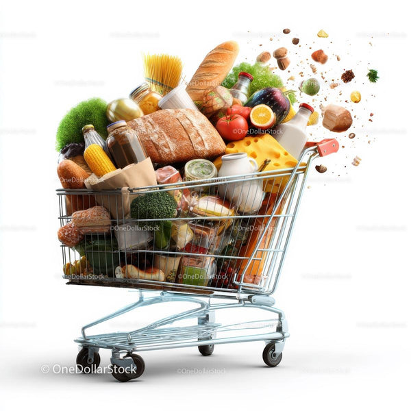 Przepełniony wózek na zakupy pełen świeżych produktów spożywczych