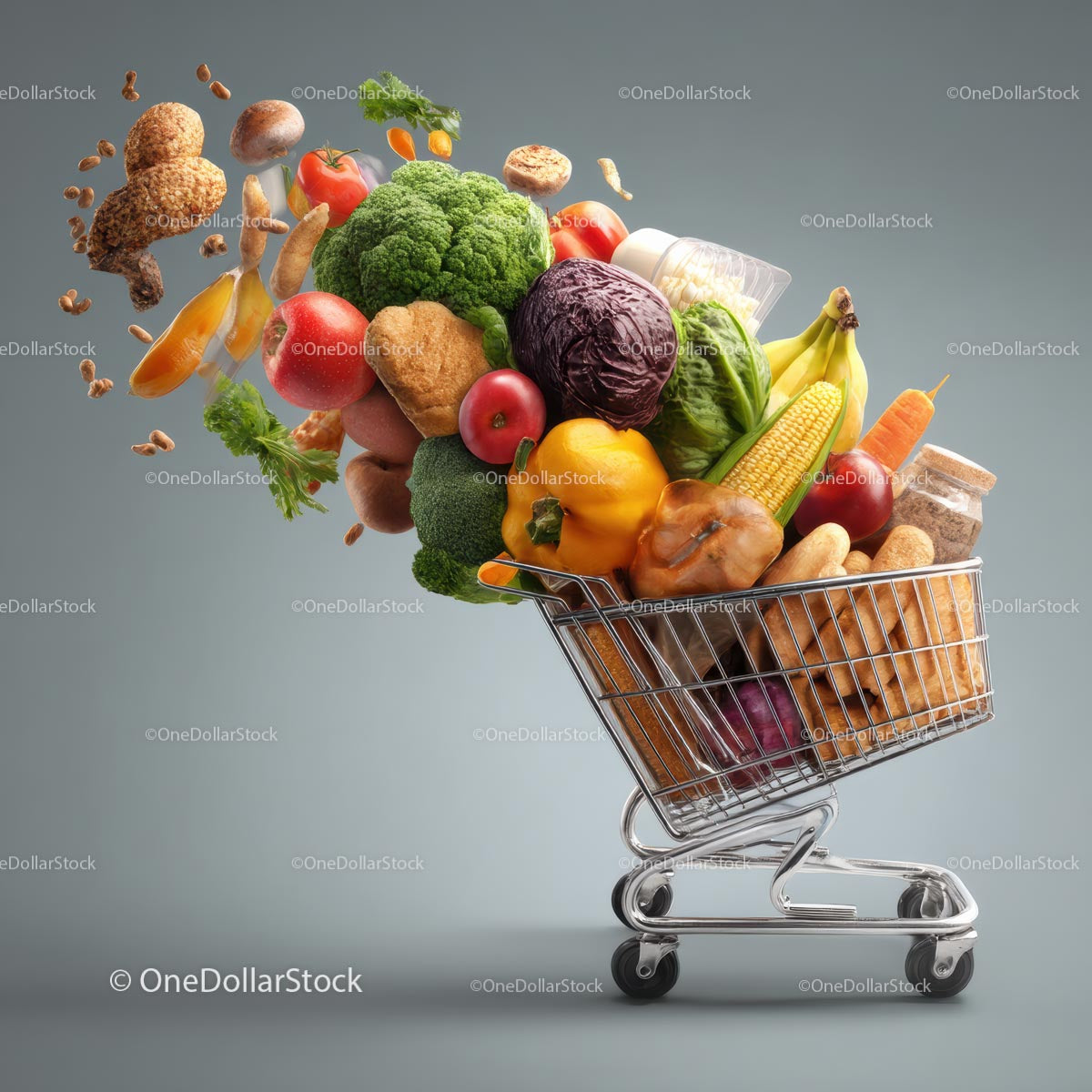 Overflowing Grocery Cart with Fresh Vegetables and Fruits