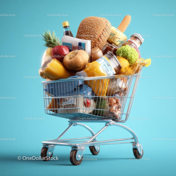 Kolorowy wózek sklepowy pełen różnorodnych produktów spożywczych