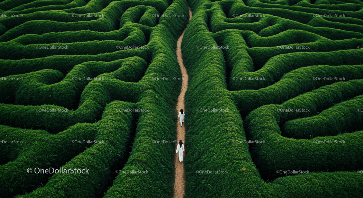 Two People Walking in a Lush Green Hedge Maze from Above