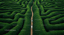 Two People Walking in a Lush Green Hedge Maze from Above