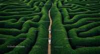 Two People Walking in a Lush Green Hedge Maze from Above