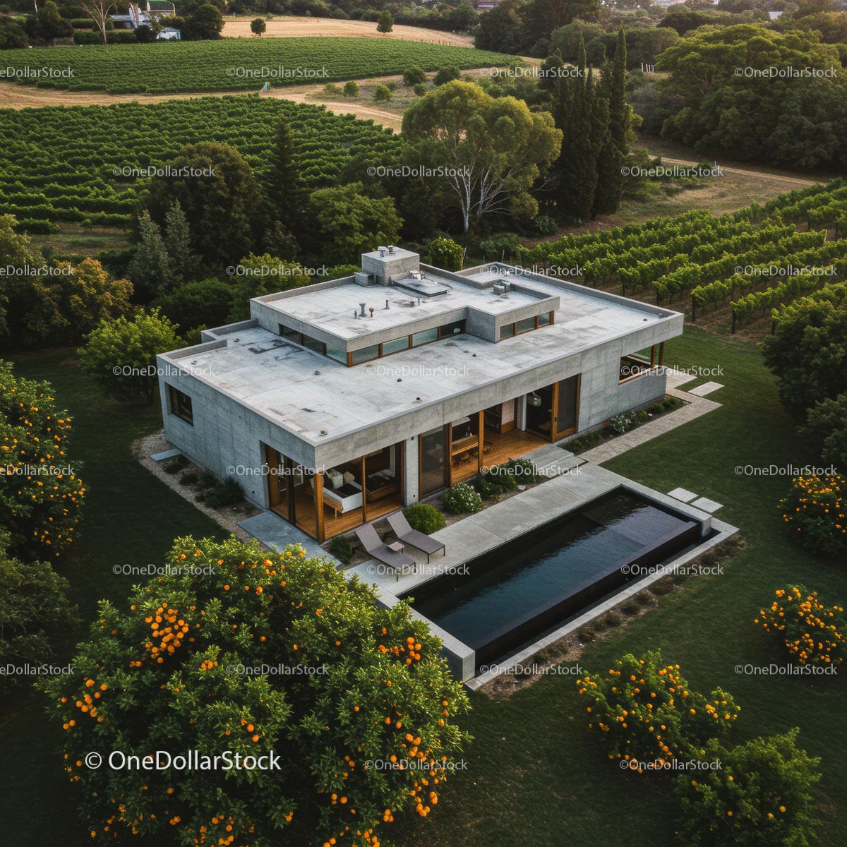 Modern Luxury Home Surrounded by Vineyard and Lush Greenery