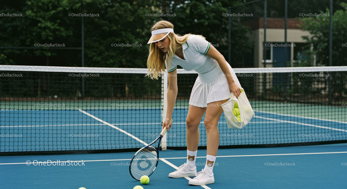 Young Woman Picking Up Tennis Ball on Court