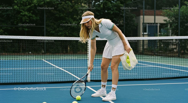 Young Woman Picking Up Tennis Ball on Court