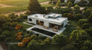Modern Concrete House Amidst Vibrant Garden and Vineyard