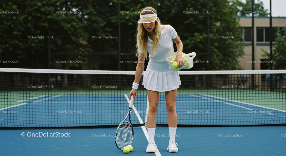 Female Tennis Player on Court with Racket and Tennis Balls