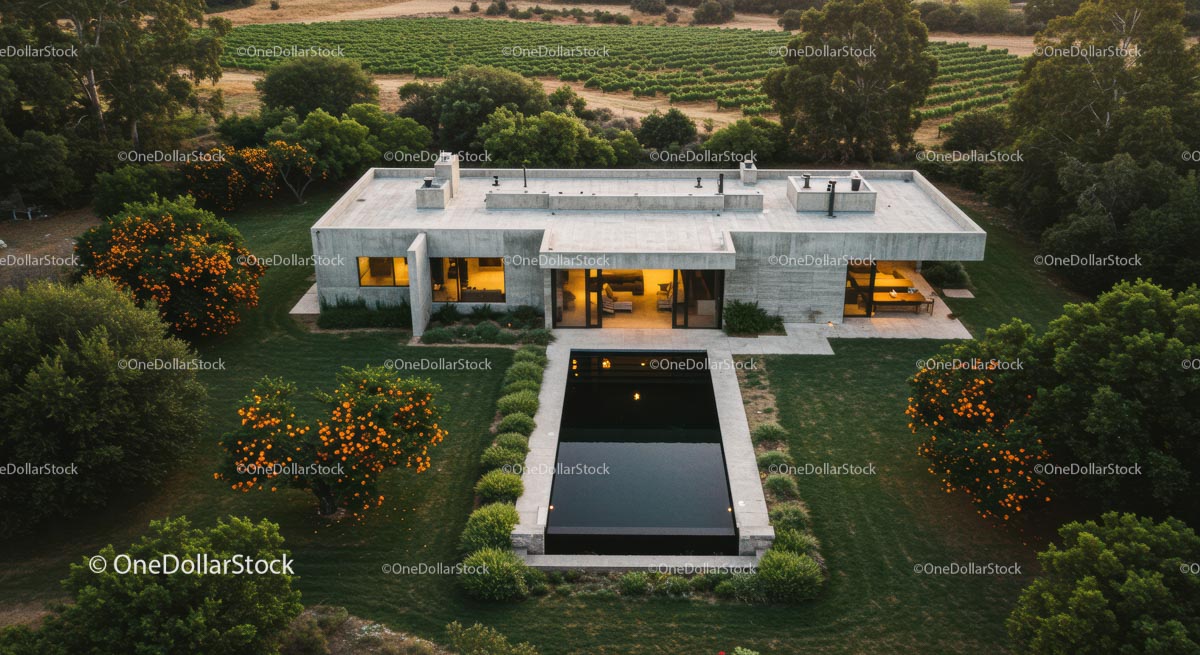 Modern Luxury Home Surrounded by Vineyard and Lush Greenery