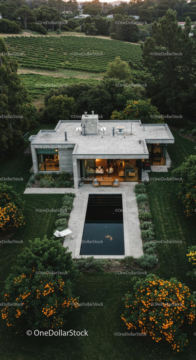 Modern Luxury Home Surrounded by Vineyard and Lush Greenery