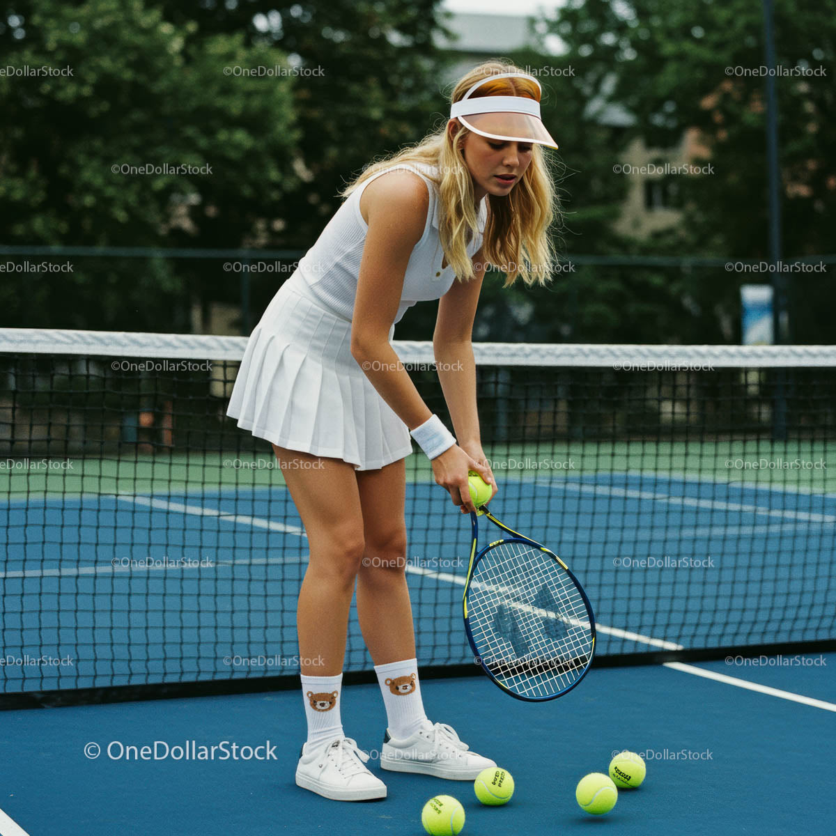 Female Tennis Player Preparing to Serve on Court
