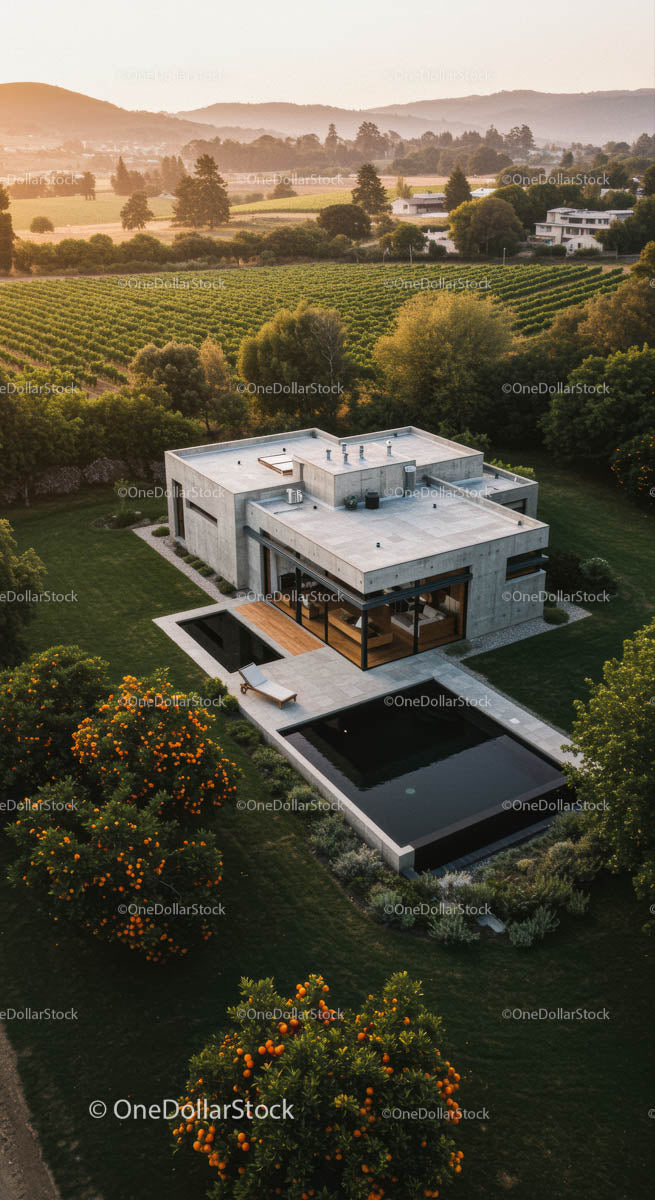 Modern Luxury Home Surrounded by Scenic Vineyards at Sunset
