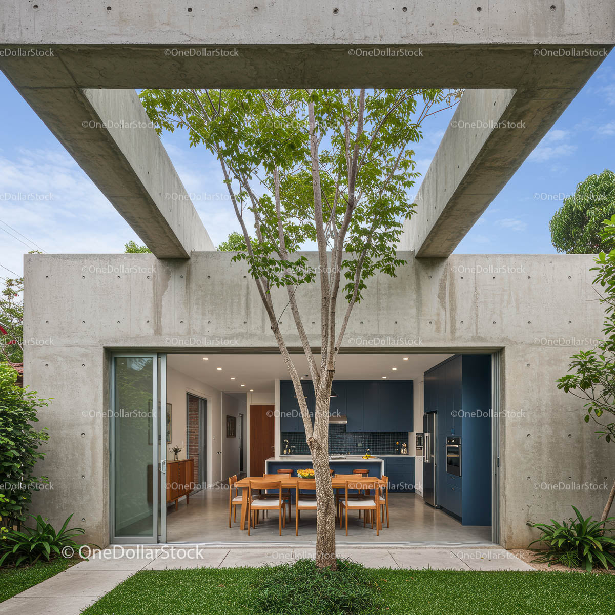 Modern Concrete House with Open Living Space and Tree