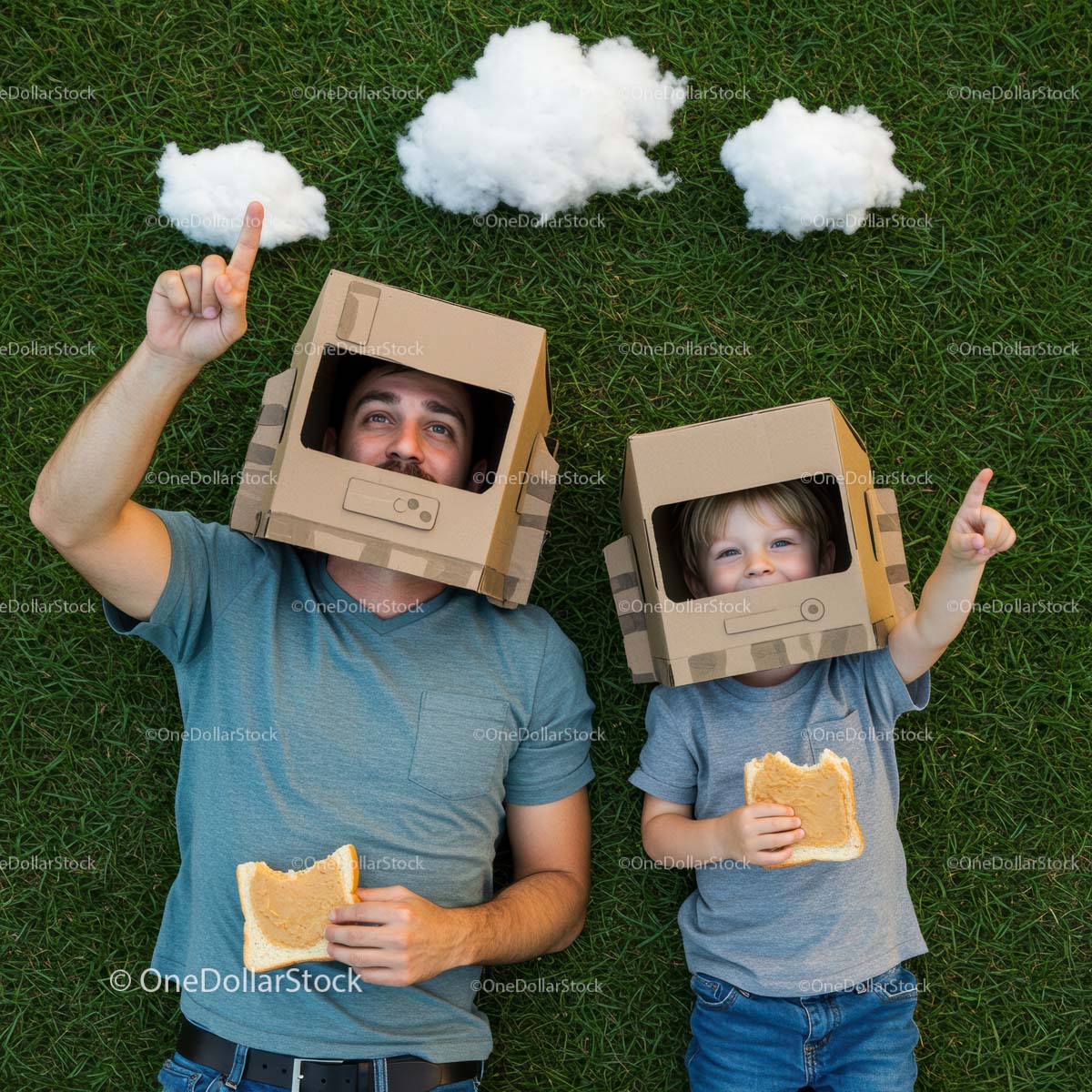Father and Son in Cardboard Helmets Enjoy Imaginative Play