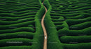 Woman Navigating a Serene Green Hedge Maze